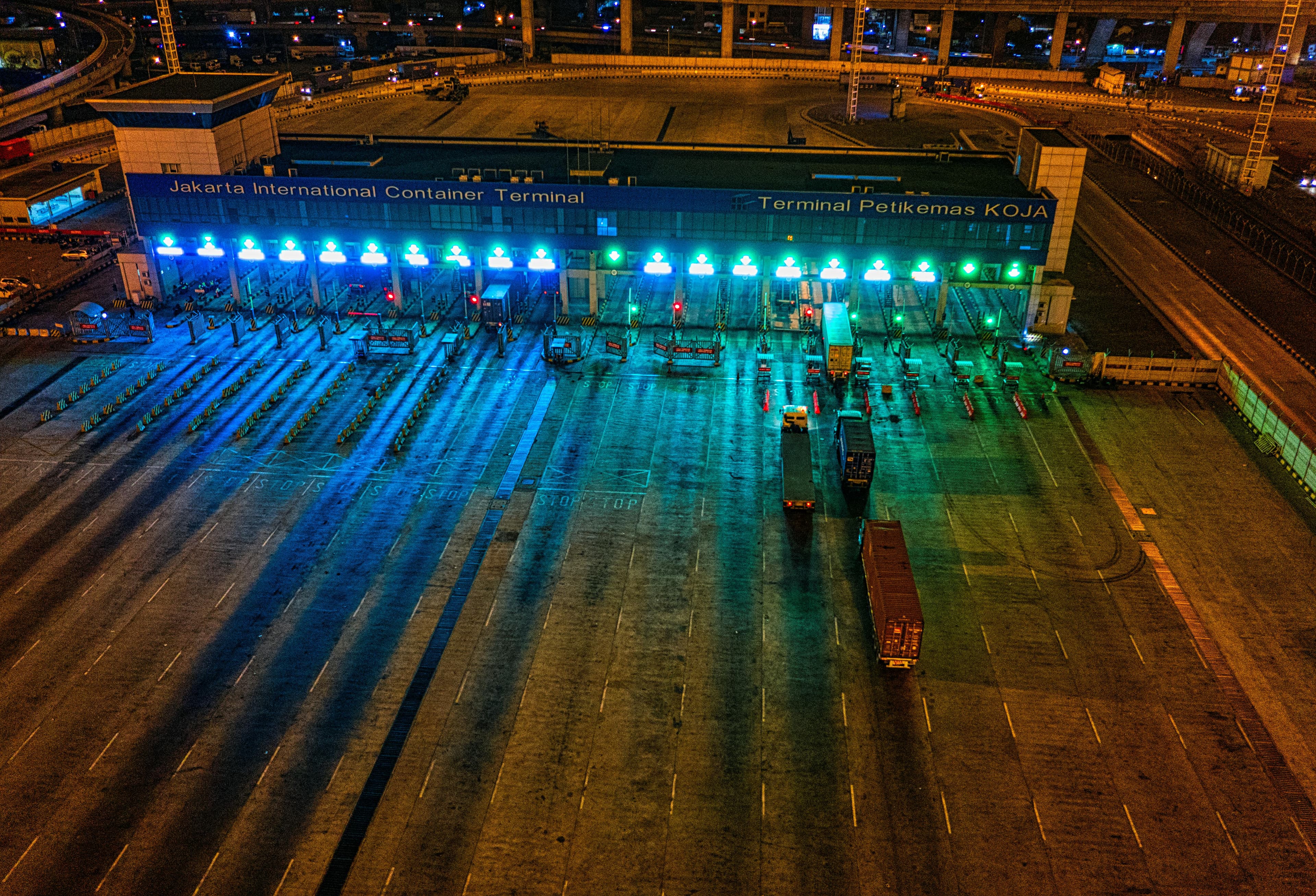 A container port lit up at night